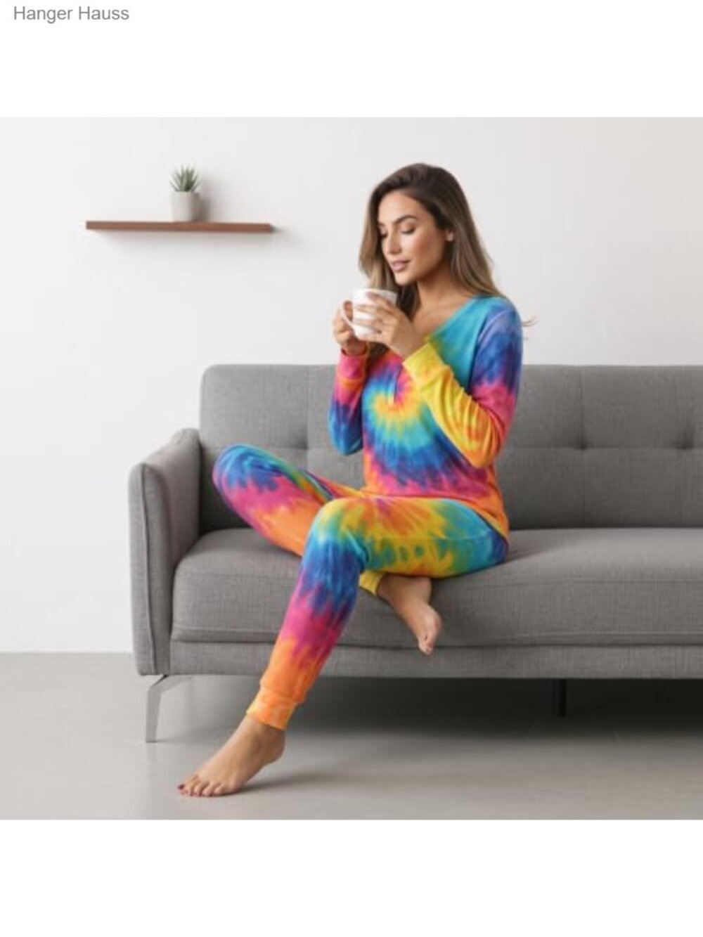 Women's Thermal Tie Dye Pajama Set Henley Top & Jogger Pants - Picture 4 of 5